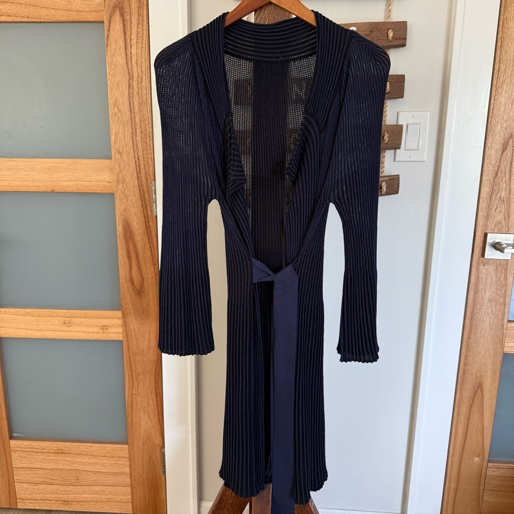 Armani Blue & Black Ribbed Knit Open Belted Duster Cardigan Italy Women's M EUC